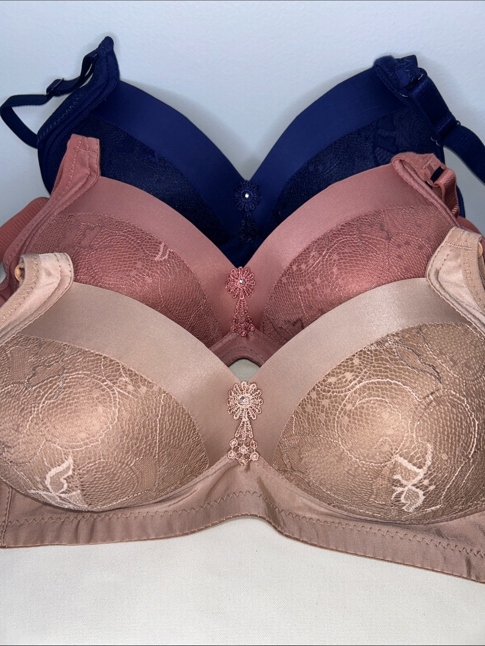 Prima Valentina Lace-Trim Push-Up Bra Trio — Navy, Rose, and Nude Size 38C